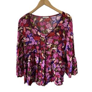 Andree By Unit All Over Watercolor Floral Bell Sleeves Empire Babydoll Blouse S